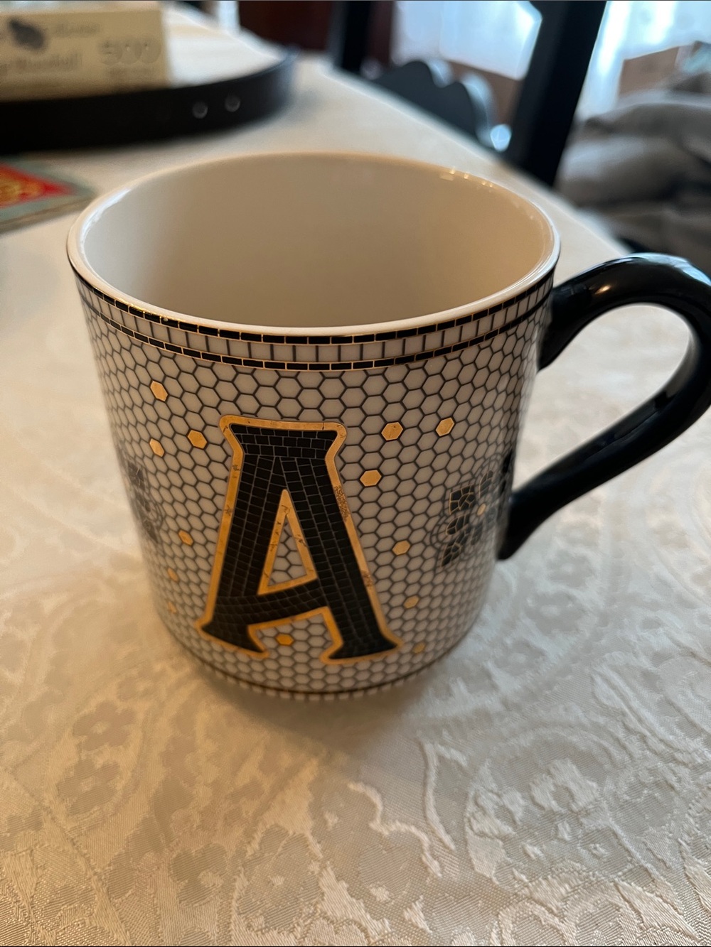 Anthropologie Black and Gold Monogram A Ceramic Coffee Mug